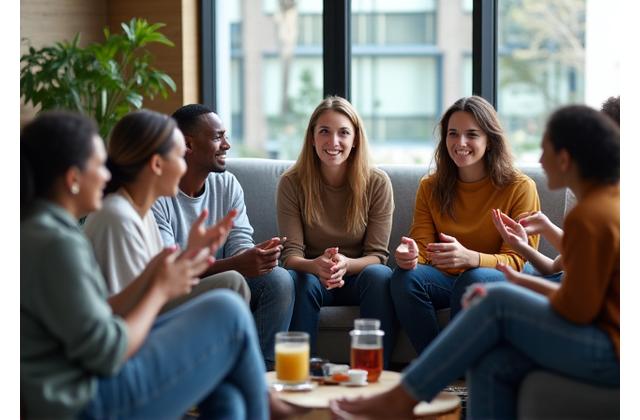 Diverse group of employees gathered in a modern office space, engaged in a discussion, suggesting an ERG meeting