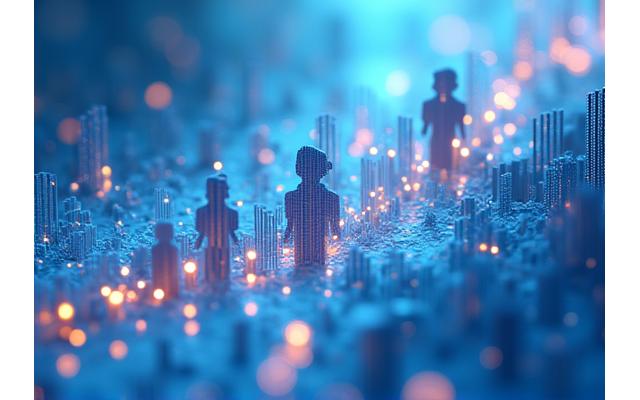 Abstract visualization of interconnected graphs and diverse silhouettes, representing DEI impact and positive growth