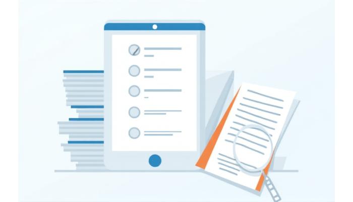 Illustration of a checklist and magnifiying glass over policy documents, representing thorough HR policy audits and compliance reviews.