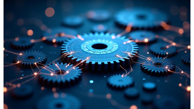 Interconnected gears and data flow arrows representing system integration