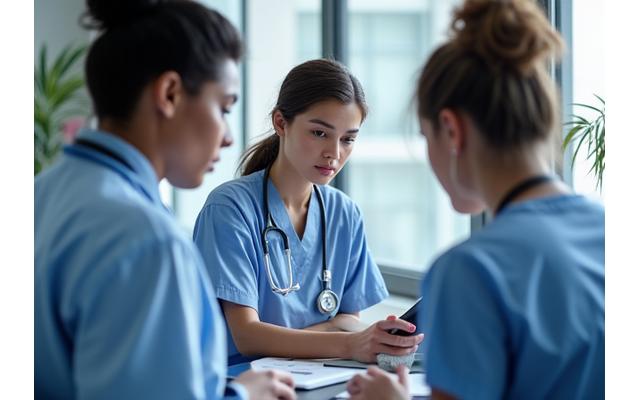 Healthcare professionals reviewing charts in a modern hospital setting.