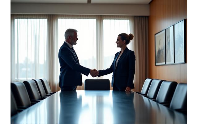 Two executives shaking hands in a modern boardroom